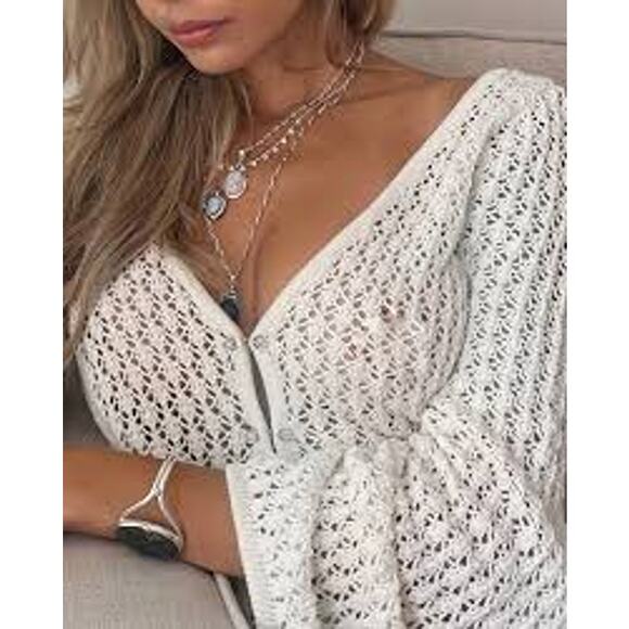 SEXY White Knitted Maxi Dress Sheer Crochet Pearl Sz Small S FEMININE MINIMALIST - Picture 1 of 5